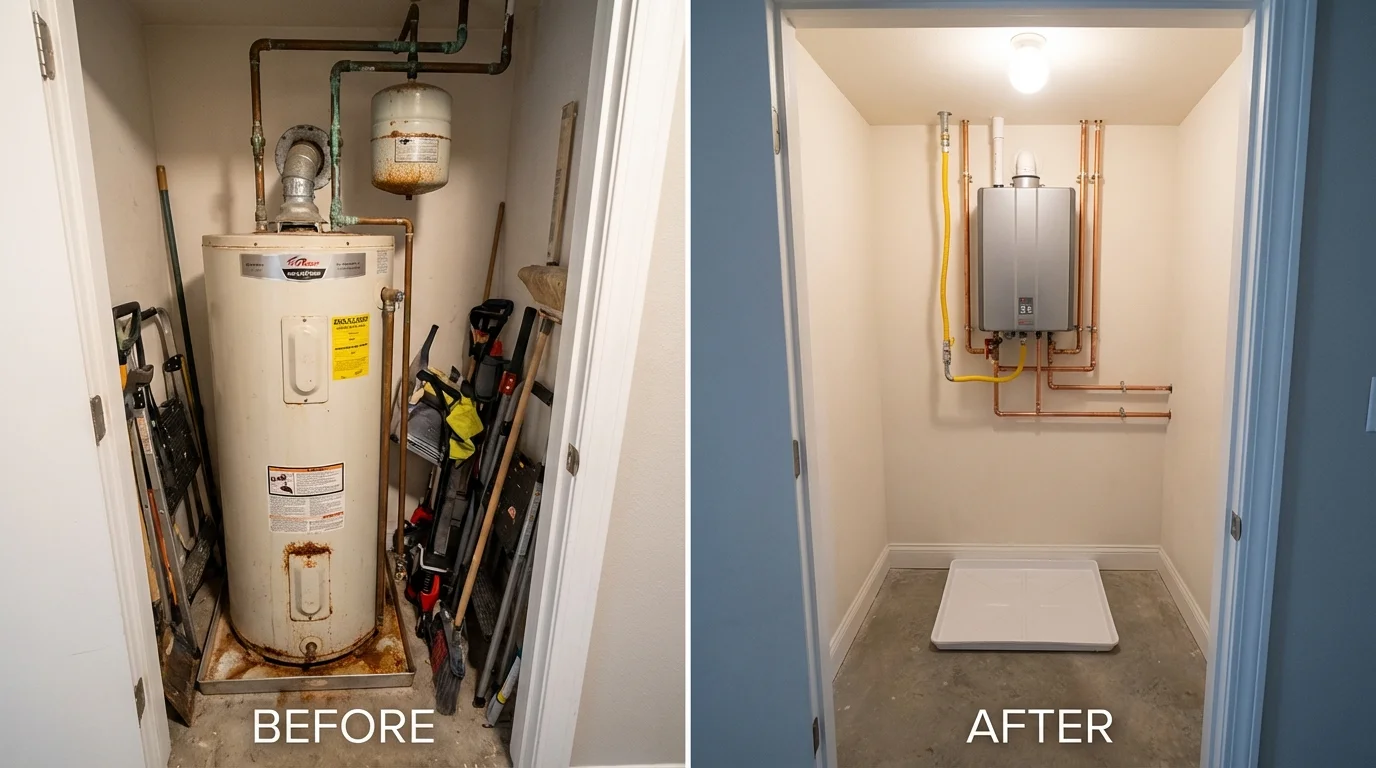 Tank water heater versus wall-mounted tankless unit comparison for Burlington, KS homeowners