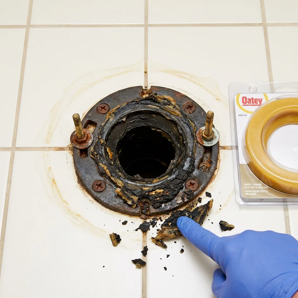 Failed wax ring showing water seepage at the base of a toilet in a Burlington, KS home