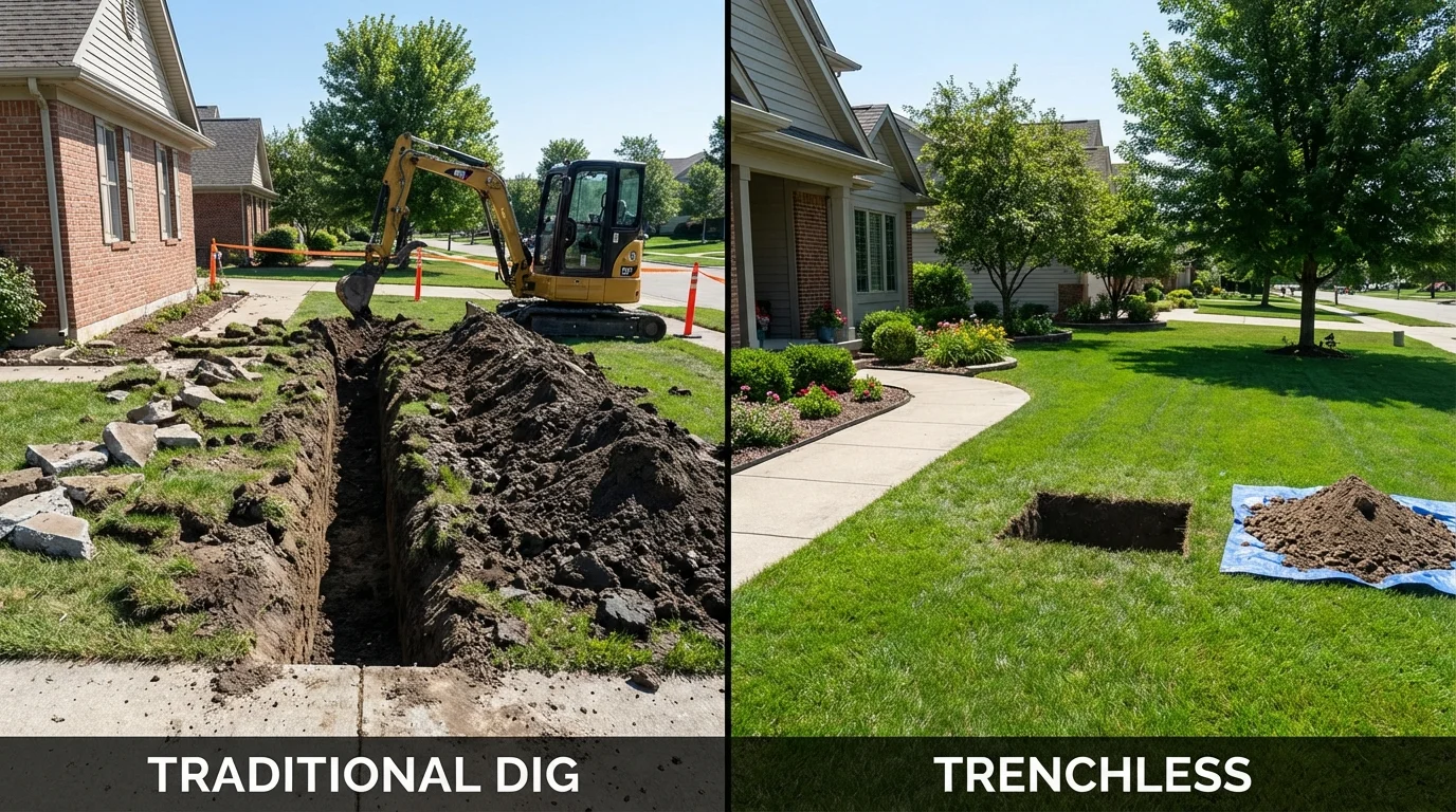 Trenchless sewer repair with minimal yard damage versus traditional excavation in Burlington, KS