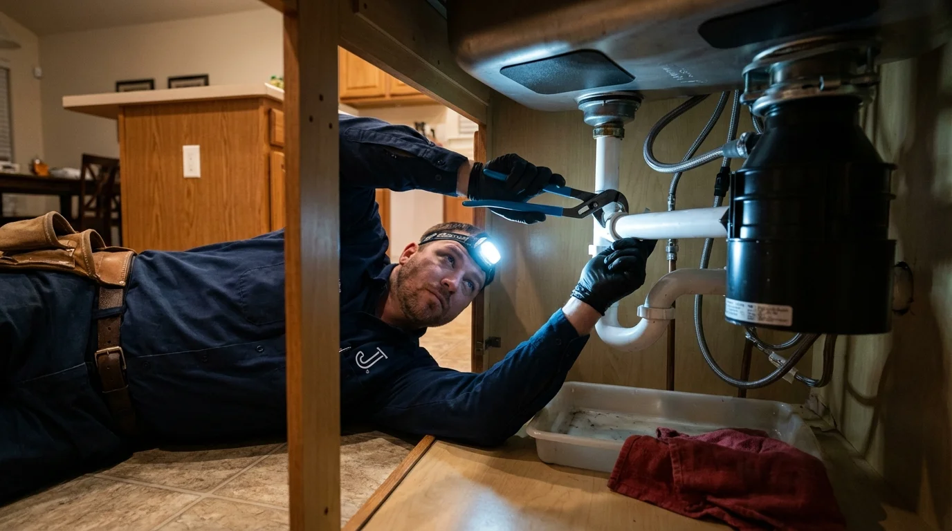 P-trap and supply line connections under a kitchen sink showing a common leak point in Burlington, KS